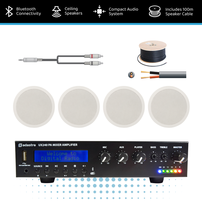 Adastra 100V Ceiling Speaker Background Music System with Compact UX240 Amplifier