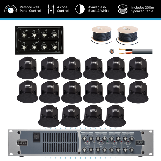 Cloud Four-Zone High-Power Background Music System with 6” Ceiling Speakers