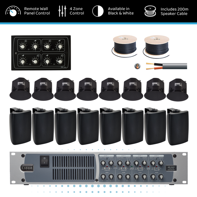 Cloud Four-Zone High-Power Hybrid Background Music System with Ceiling & Surface-Mount Speakers