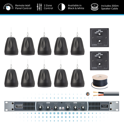 Cloud Dual-Zone Warehouse Audio System with Pendant Speakers, Paging & Wall Control