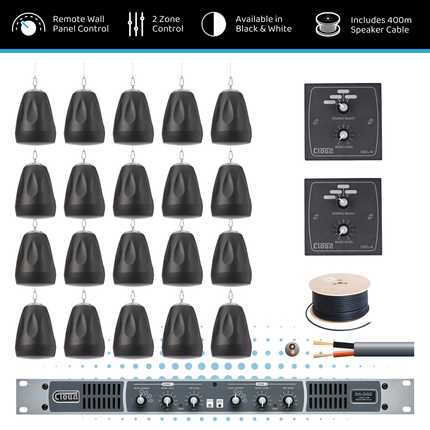 Cloud Dual-Zone Large Warehouse Audio System with Pendant Speakers, Paging & Wall Control