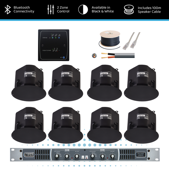 Cloud Dual-Zone Background Music System with 6” Ceiling Speakers & Bluetooth