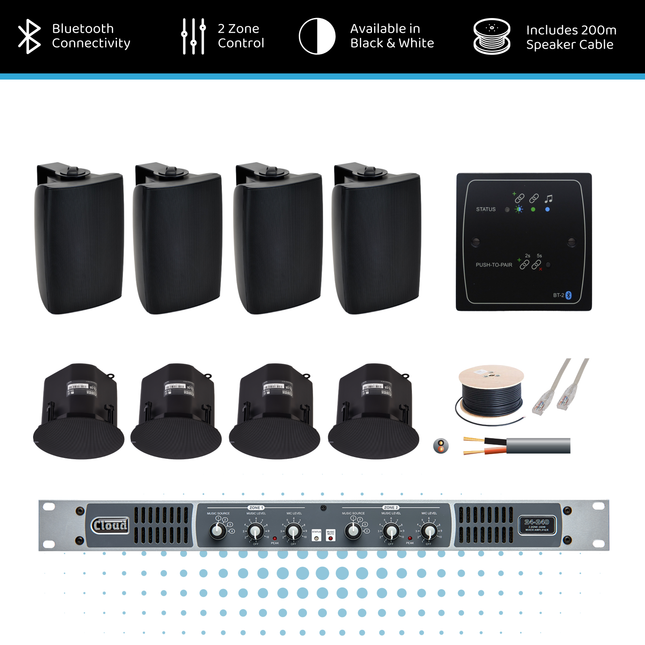 Cloud Dual-Zone Hybrid Background Music System with Ceiling & Surface-Mount Speakers