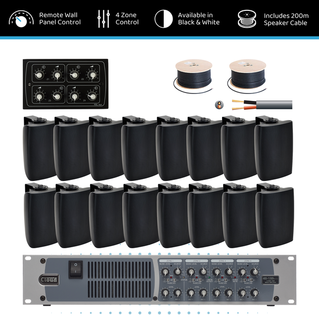 Cloud Four-Zone Background Music System with Surface-Mount Speakers & Central Wall Control