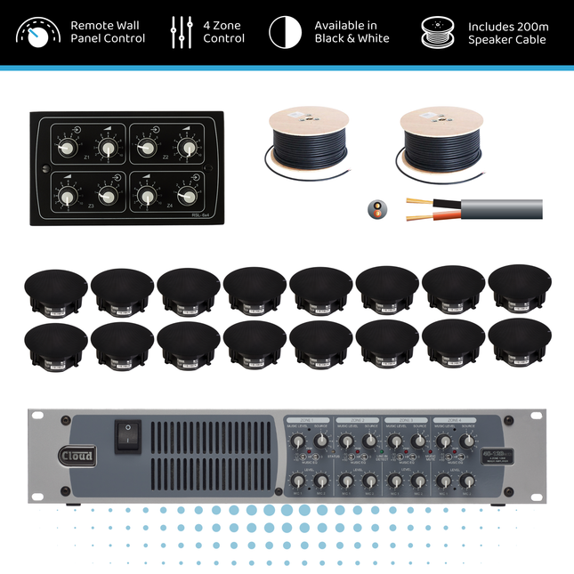 Cloud Four-Zone Background Music System with 5” Ceiling Speakers & Central Wall Control