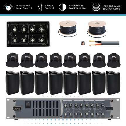 Cloud Four-Zone Hybrid Background Music System with Ceiling & Surface-Mount Speakers