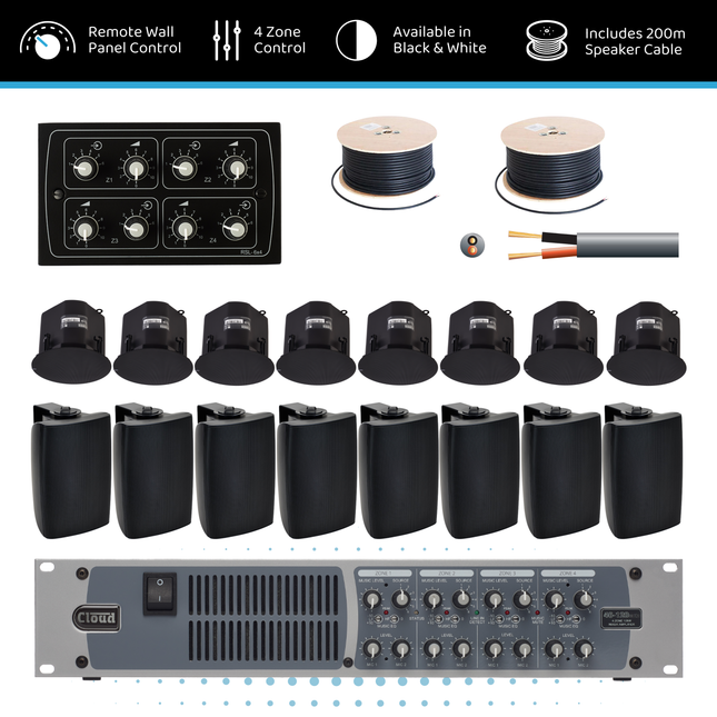 Cloud Four-Zone Hybrid Background Music System with Ceiling & Surface-Mount Speakers