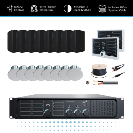 Optimal Audio Hybrid Speaker Background Music System - 8 Zone | 8x 5" Speakers & 8x 6" Ceiling Speakers