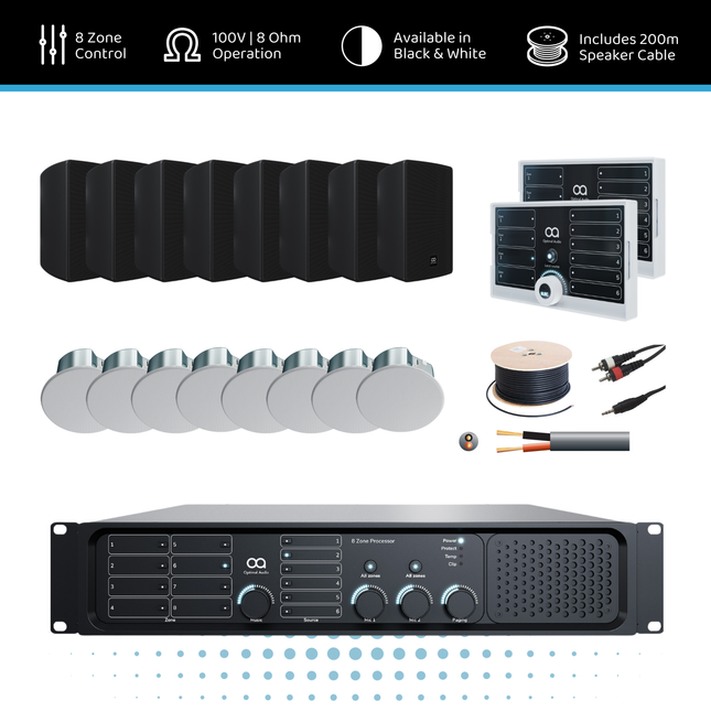 Optimal Audio Hybrid Speaker Background Music System - 8 Zone | 8x 5" Speakers & 8x 6" Ceiling Speakers