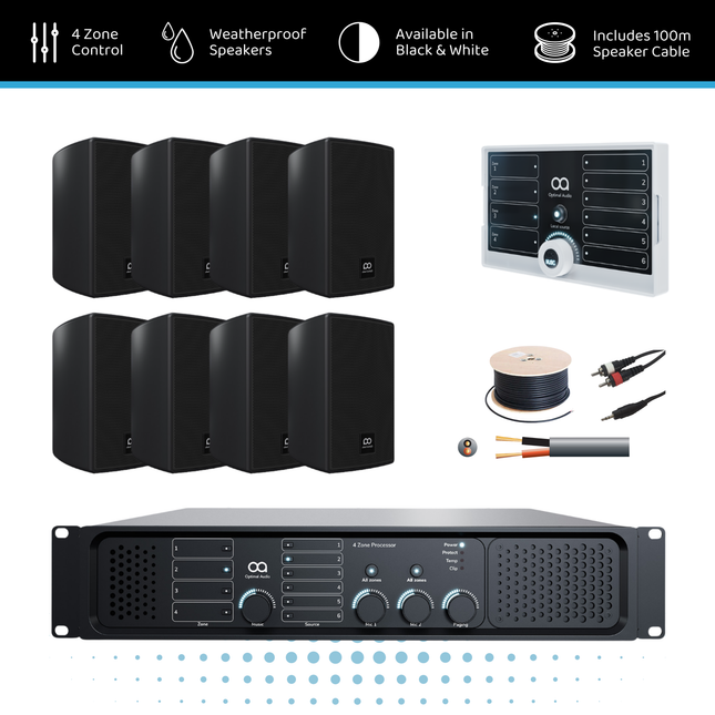 Optimal Audio Wall Mount Speaker Background Music System - 4 Zone | 8x 3" Speakers