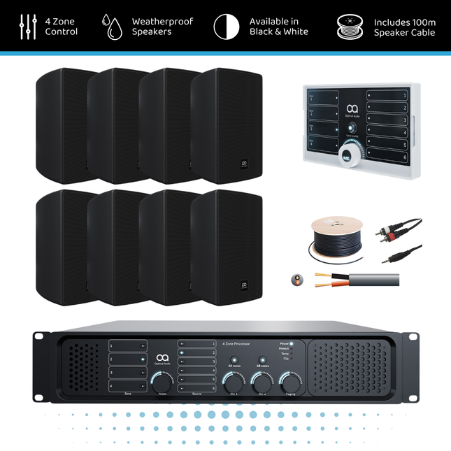 Optimal Audio Wall Mount Speaker Background Music System - 4 Zone | 8x 5" Speakers