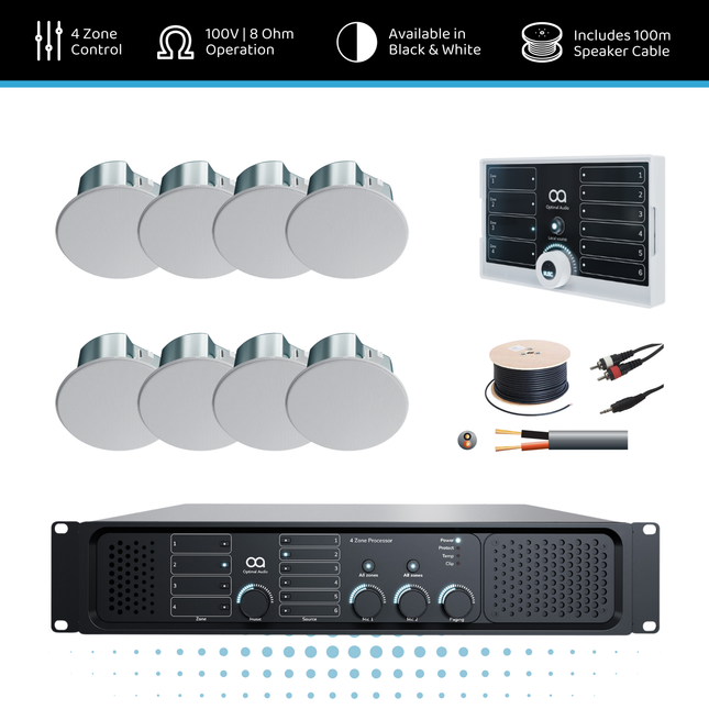 Optimal Audio Ceiling Speaker Background Music System - 4 Zone | 8x 4" Speakers