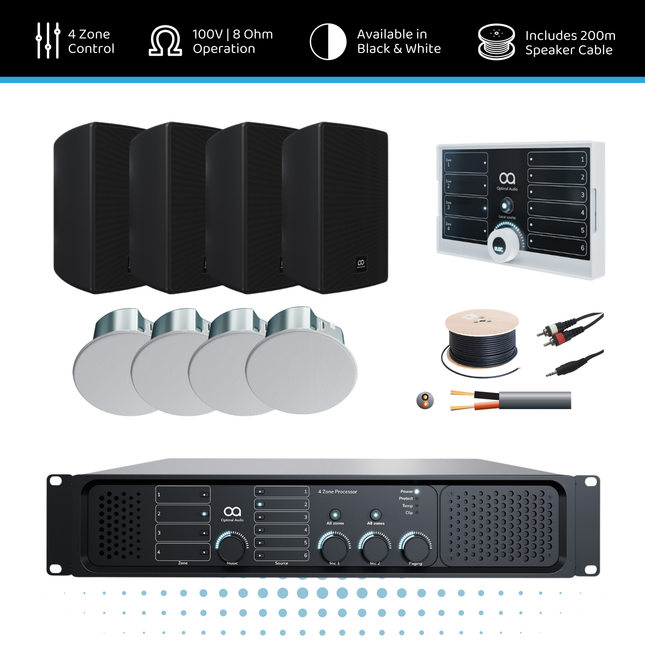 Optimal Audio Hybrid Speaker Background Music System - 4 Zone | 4x 3" Wall & 4x 4" Ceiling Speakers