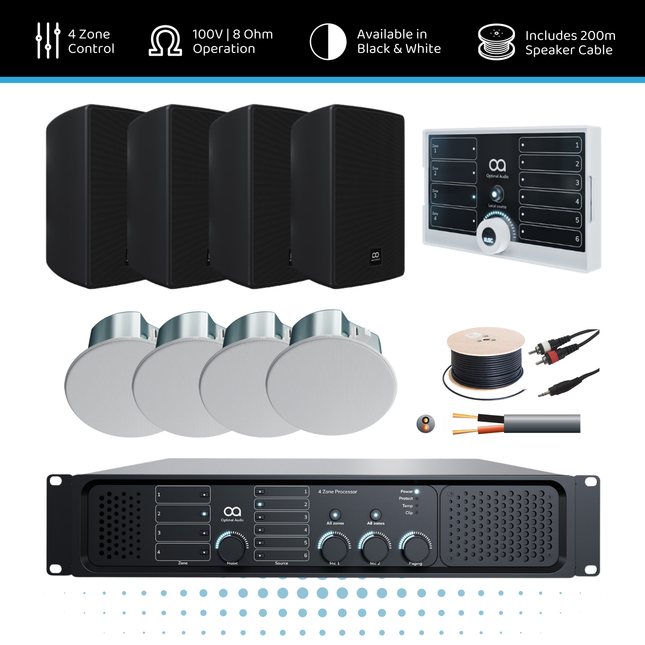 Optimal Audio Hybrid Speaker Background Music System - 4 Zone | 4x 5" Wall & 3x6" Ceiling Speakers