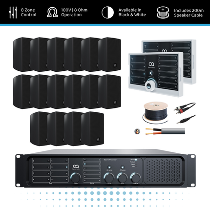 Optimal Audio Wall Speaker Background Music System - 8 Zone | 16x 3" Speakers