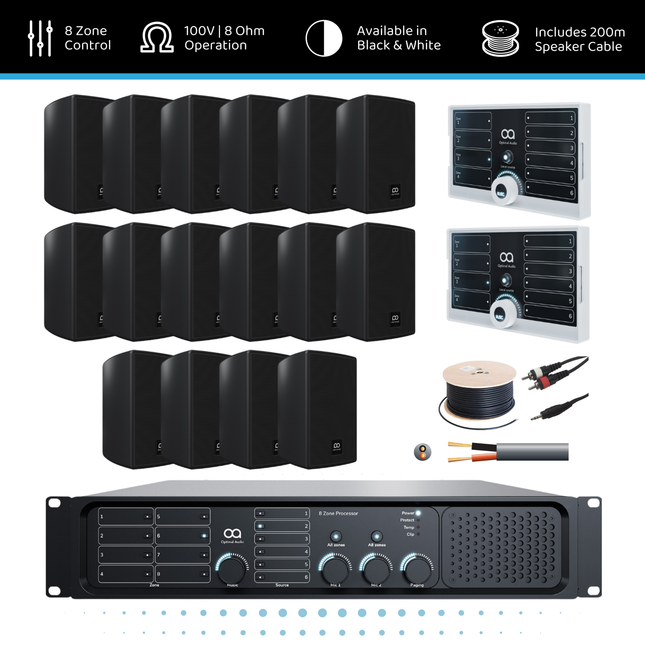 Optimal Audio Wall Speaker Background Music System - 8 Zone | 16x 5" Speakers